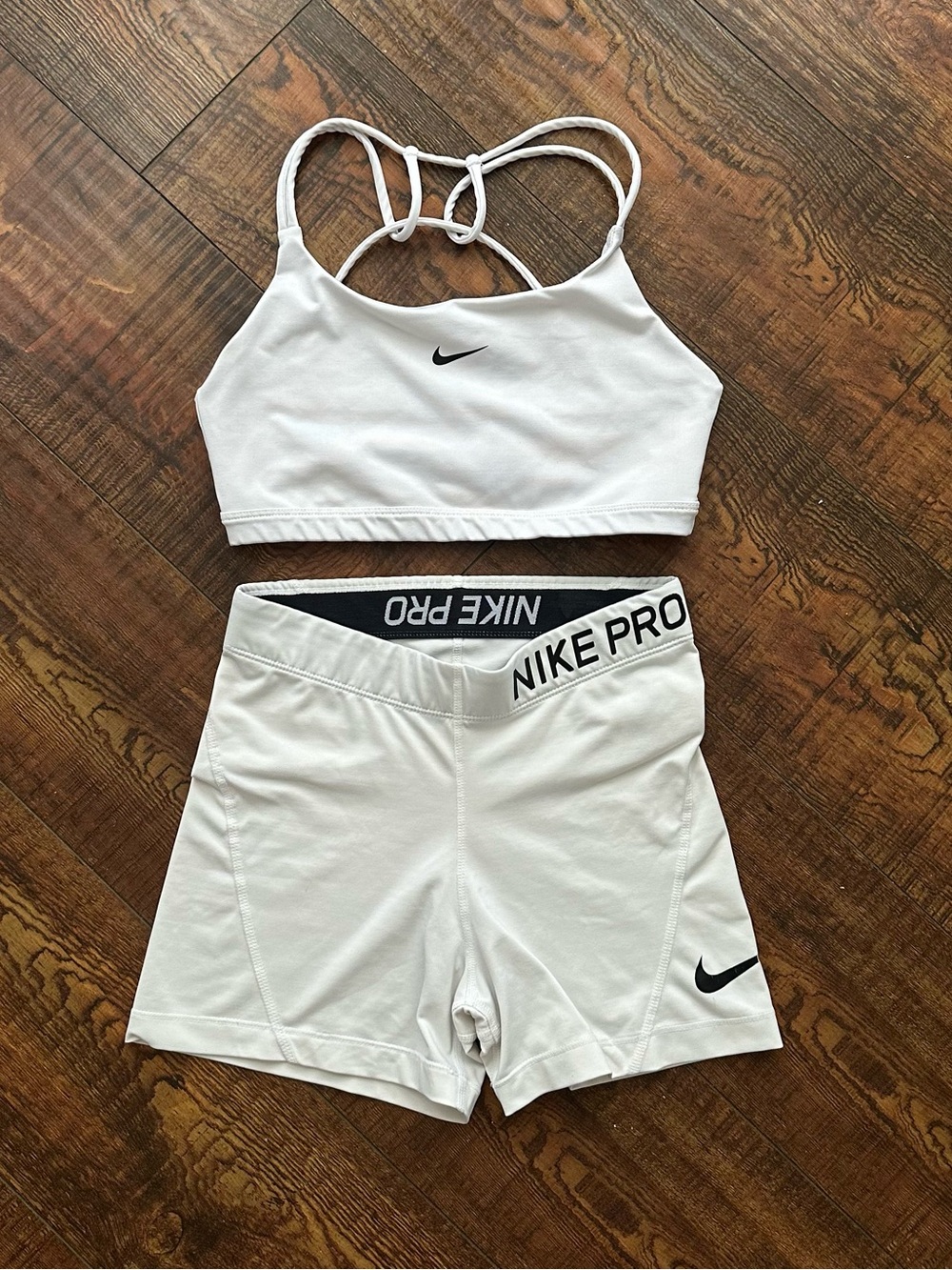 Nike White Women’s Pro bra and Bike Shorts with Black Swoosh set